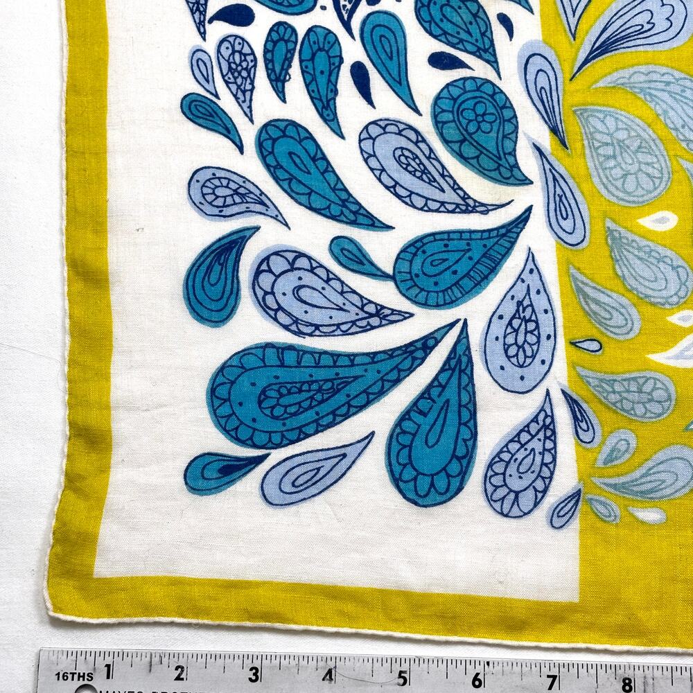 Vintage 50s 60s Signed Kati Handkerchief Paisley Chartreuse Blue Cotton Hanky - Picture 7 of 7